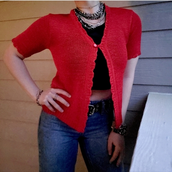 Sag Harbor Vintage Y2K Aesthetic Open-weave Crochet Cropped Red Summer Cardigan - Picture 3 of 15